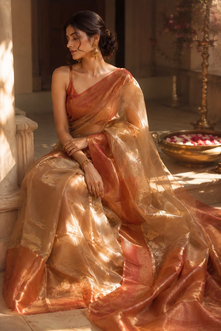 Woman in a golden tissue saree seated in a sunlit stone courtyard beside an oil lamp and a bowl of flowers
