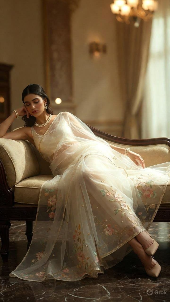 Woman in an ivory embroidered saree reclining on a chaise lounge in a warmly lit interior